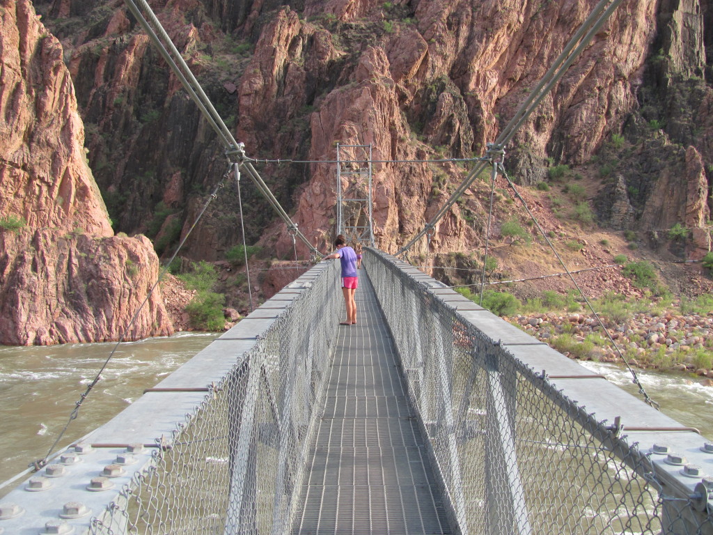 Grand Canyon Rim to Rim with kids: Crossing the Silver Bridge Over the Colorado River at Phantom Ranch