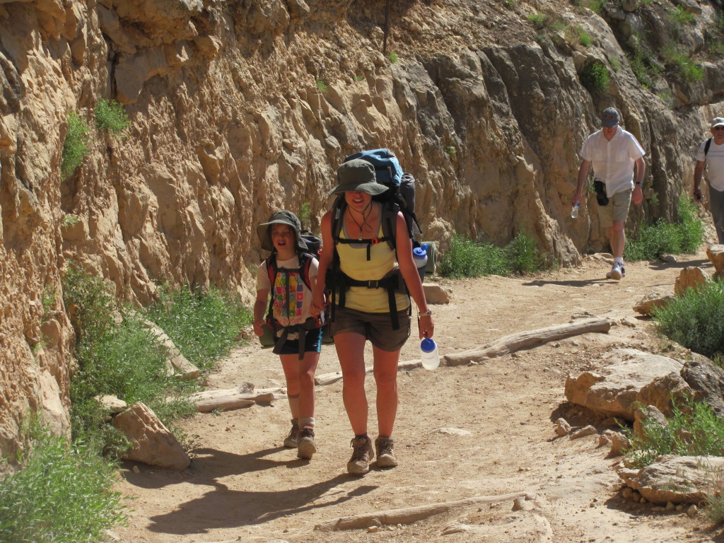 Grand Canyon Rim to Rim with kids: Almost There! Maya and Tricia Hiking Up the Bright Angel Trail